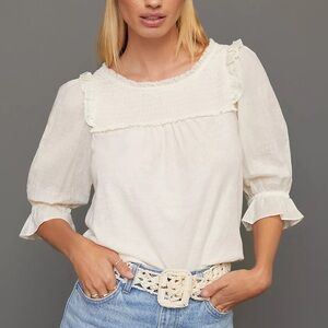 By Anthropologie Smocked Puff Sleeve Knit Top 100% Cotton Cream Blouse Size M
